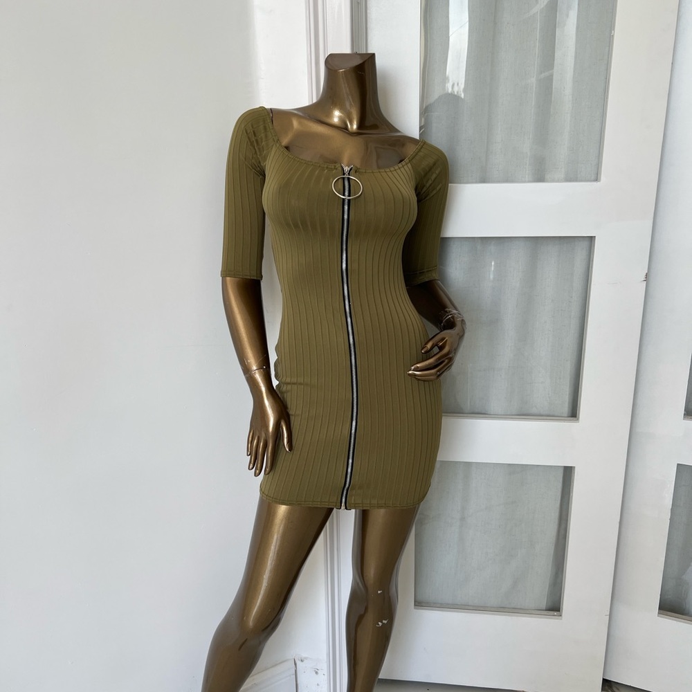 PrettyLittleThing Olive Ribbed Mini Dress with Zipper